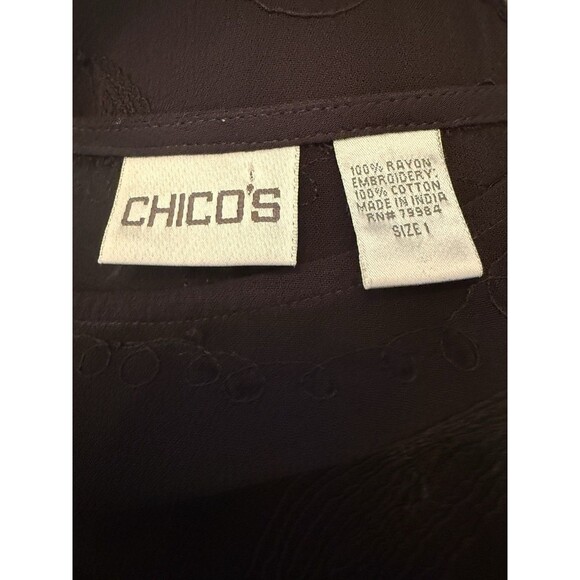 Chico’s Size 1 Black Sheer Embroidered Tunic Blouse Boho Long Sleeve Overlay Top - Picture 3 of 9